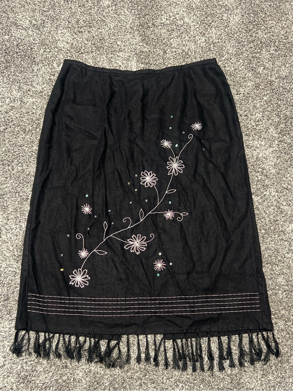 Requirements Black Midi Skirt with Pink Floral Embroidery